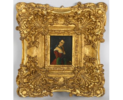 19th century miniature oil on board, 3/4 length portrait of a woman, unsigned, original ornate gilt gesso frame, image size 7