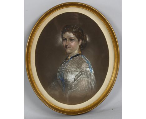 19th century portrait of a woman, coloured pastels on brown paper, indistinctly signed, 32cm x 26cm, framedGood condition 
