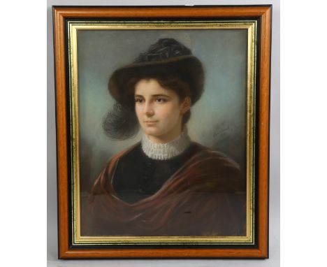 19th century portrait of a woman, coloured pastels on paper, indistinctly signed, dated 1881, 60cm x 50cm, further informatio