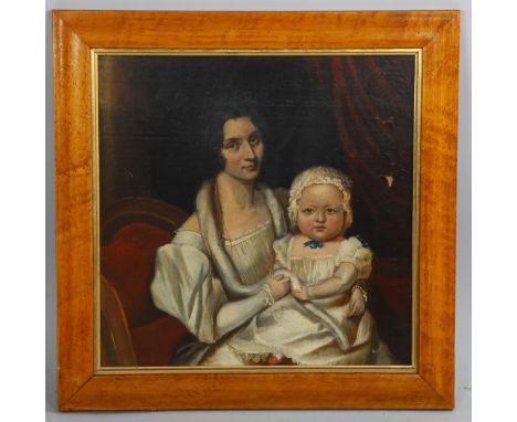 19th century British School, portrait of woman and child, oil on board, unsigned, 37cm x 37cm, framedPaint flake on right-han