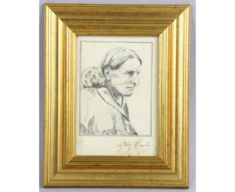 Early 20th century pencil portrait of Grey Owl, signed below the image in ink by Grey Owl, image 13cm x 10cm, framedDamp stai