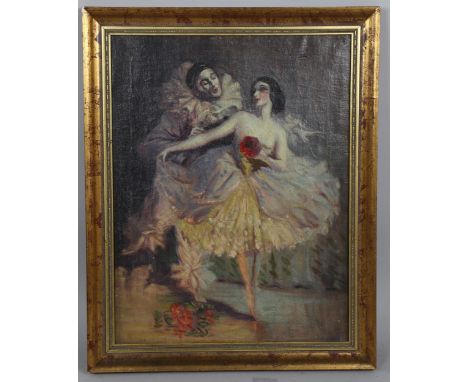 Early 20th century Pierrot ballet scene, oil on canvas, indistinctly signed, dated 1919 on stretcher, 56cm x 43cm, framed3 sm