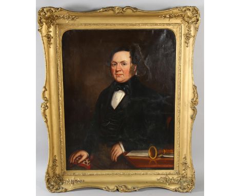 Mid 19th century oil on canvas, portrait of a gentleman at a desk, unsigned, 36" x 29", framedRelined, repaired tear on his h