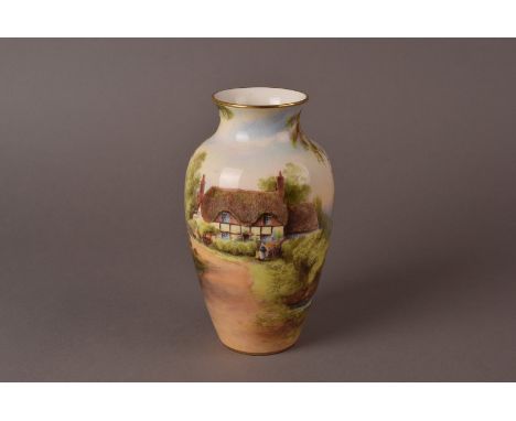 A Royal Worcester ovoid painted and printed vase, marked 'Ripple' 2224 to base, depicting a country cottage next to a small p