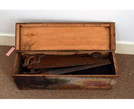 Vintage Woodworking tools, in wooden tool chest including, saws, wood block planes, brace, squares and more  