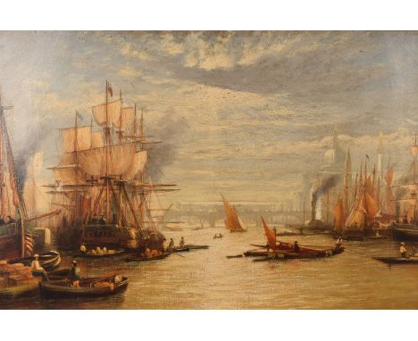 An early 20th century oil on canvas marine landscape, depicting river life on the Thames in the time of the tall ships in the