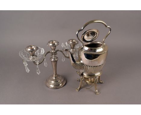 A silver plated batchlor's teapot on stand,  with spirit burner ninged lid with ivory finial, also in the lot a salad bowl an