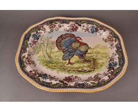 A large Spode turkey dish, with polychrome transfer printed design from c.1828 of a turkey strutting free in a water meadow 5