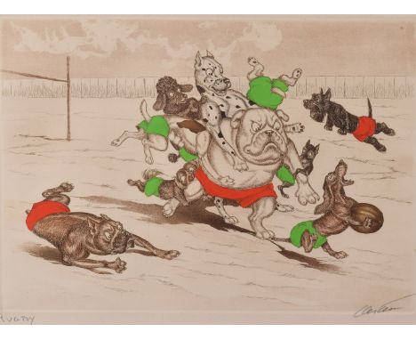 Boris O'Klein (French 1893-1985), lithograph with over colour entitled 'Rugby', from the famous 'Dirty Dogs of Paris' series 