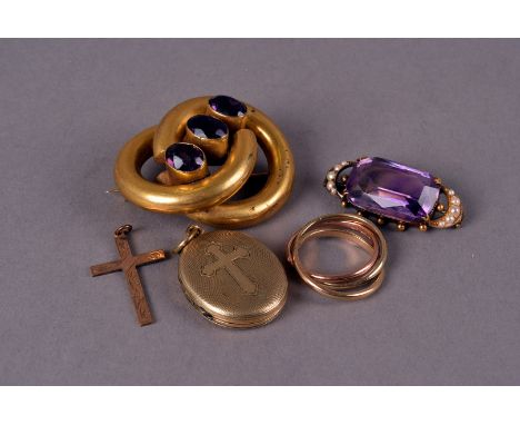 A 9ct gold cross,  with engraved design, a Victorian Pinchbeck brooch, an oval locket, an amethyst, seed pearl brooch, and a 