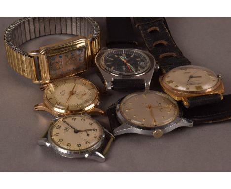 A group of six vintage wristwatches, including a retro Tissot PR-516 automatic on black leather strap, two Smith's examples, 