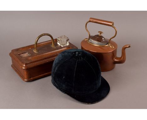 A Mixed lot, including, Riding hat, three riding crops and stick, two pairs larger brass candlesticks ,Copper kettle, telepho