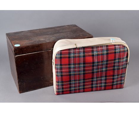A Vintage Red Tartan Picnic case, complete with four red cups, sandwich tin, two thermos flasks and glass lidded bottle toget