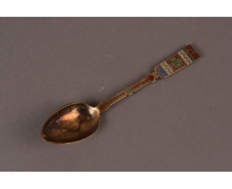 A vintage Russian silver gilt and enamel teaspoon, marked XC or CX and with Moscow silver mark 
