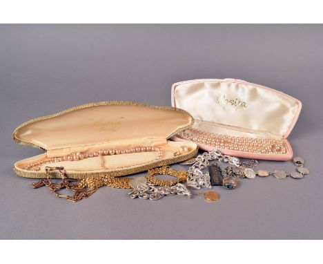 A modern silver bangle,  with engraved design, Birmingham 1960, cased, two silver ingots, a three pence bracelet, a pste set 