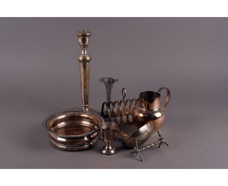 A collection of silver plated trophies and other plated items, including an Elkington & Co soup ladle, a Sheffield plate wine