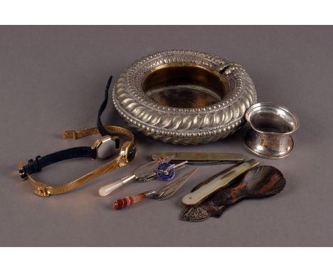 A small collection of silver and other items, including two silver and hardstone handled trowel book marks, a white metal fil
