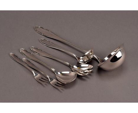 A canteen of modern WMF Nirosta pattern flatware, with scroll edge motif to terminals, including knives, forks, spoons, soup 