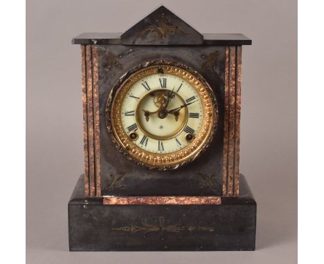 A Edwardian Slate and Marble mantle clock, made by Ansonia with 8 day movement brocot escapement, cream chapter ring, strikin