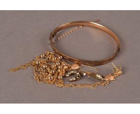 A pair of 9ct gold turtle earrings,  two gold chains, a horse shoe earring, rolled gold bangle 