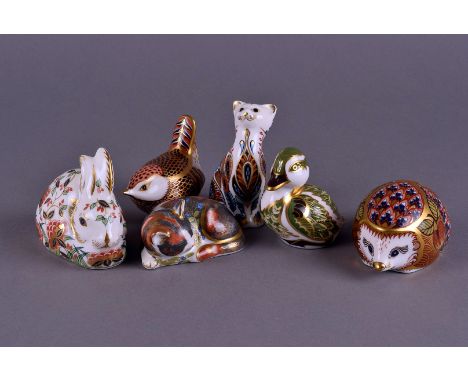 A collection of six Royal Crown Derby ceramic paperweights, including Catnip Kitten, Meadow Rabbit, Orchard Hedgehog and thre