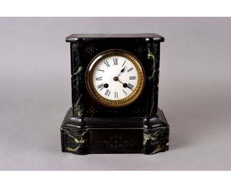 A  Edwardian Slate and Marble mantle clock,  with 8 day movement, white enamel dial and Roman numerals striking on a bell. 