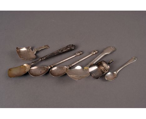 A small collection of silver tea caddy and sugar scoops, including a pair of early provincial small spoons, a coal scutle sug
