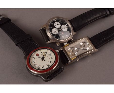 A group of three modern gentlemens wristwatches, including a Swiss Army example, a Sandoz and a Swiss Mountaineer, all on bla