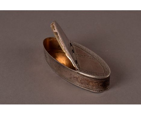 A Georgian period white metal double snuff box, elliptical form with brightcut engraving, having hinge to centre of lid for t