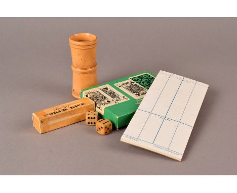 A Waddington's Bridge set in leather case, together with more playing cards, Poker dice, bridge scoring sheets, and turned wo