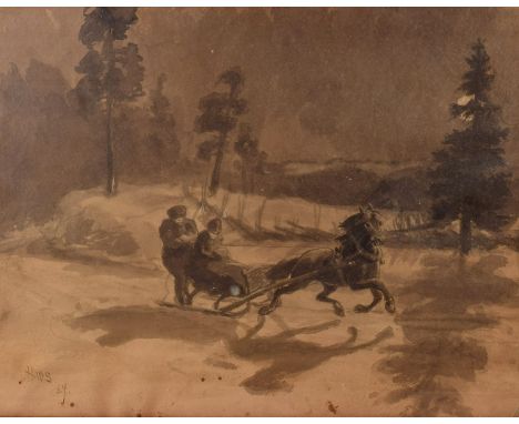 A griseille/watercolour Russian sled scene, the horse drawn sled pulling two figures through the countryside in the snow, sig