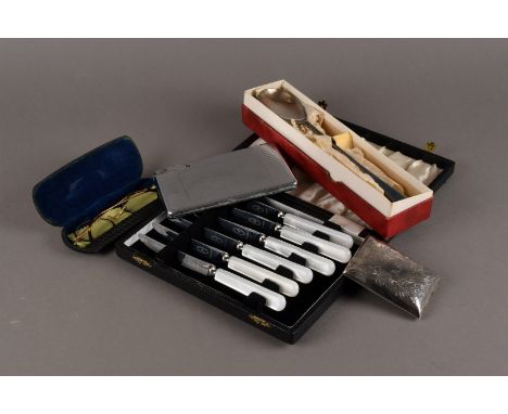 A collection of silver and silver plated items, including a silver cigarette case, cased flatware, vintage cutlery, together 
