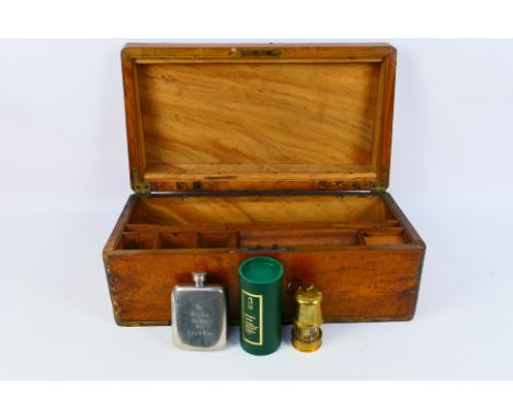 Lot to include an antique lap desk, approximately 17 cm x 45 cm x 24 cm, pewter hip flask and a boxed model of a miner's safe