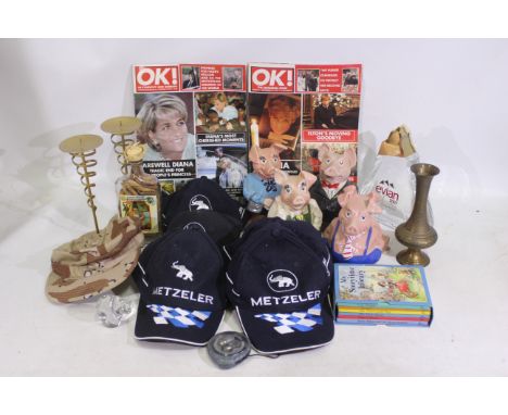 A mixed lot to include 5 x ceramic Wade piggy banks. A limited edition unopened Evian 2007 glass bottle with water contents. 