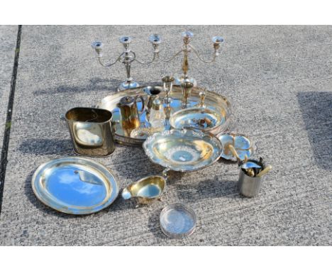 A collection of various plated wares to include tray, candelabra, candlestick and other. [W]