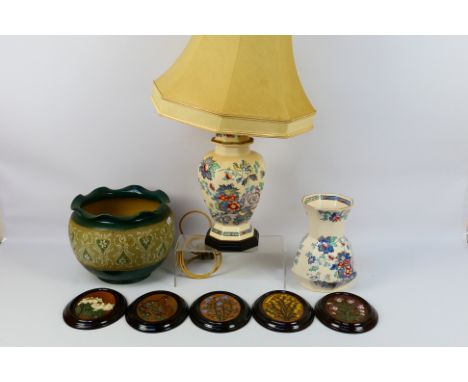 Lot to include a Langley Ware jardiniere, 20 cm (h), five Gabriel, Sweden pottery wall plaques with floral decoration, a Maso