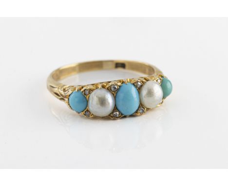 A Victorian 18ct yellow gold turquoise and pearl five stone ring set with alternating turquoise cabochons and two pearls, dia