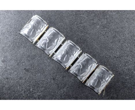 Lalique - An 'Enfants Bacchantes' crystal bracelet five arched frosted panels depicting cherubs, silver mounted, complete wit