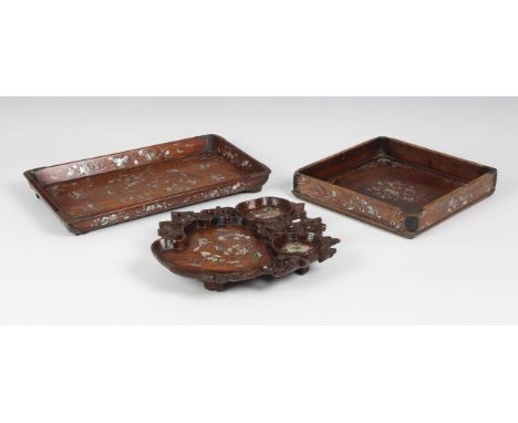 A Chinese carved hardwood, mother of pearl inlaid ink palette probably late 19th / early 20th century, with three compartment