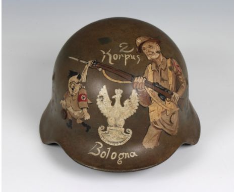 A Polish painted German steel helmet well painted to front with soldier and Hitler 'Korpus - Bologna'