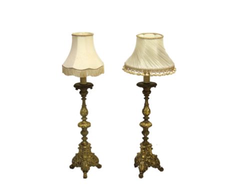 Pair of 18th Century Italian Giltwood Candlestick Lamps 29in. (74cm.) High, excluding the shades