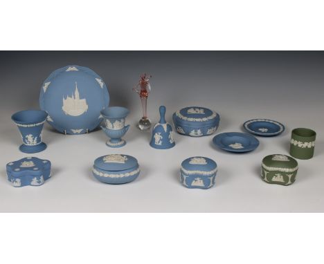 A collection of various Wedgwood blue &amp; green Jasperware to include jar / pots, vases, bell etc, together with a Murano g