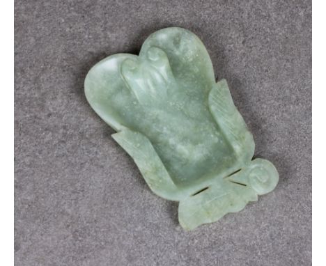 A Chinese pale celadon jade shallow leaf-carved brush washer 4 x 2½ x ¼ in. (10.2 x 6.3 x 0.6 cm.) deep. * Tip of one leaf br