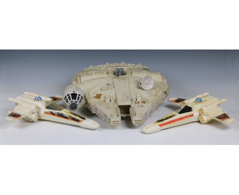 STARWARS vintage Millennium falcon and two X wings together with a selection of vintage action figures 3 original vehicles, 1