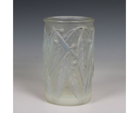 A René Lalique (French 1860-1945) "Laurier" clear, frosted and opalescent glass vase c.1922 the cylindrical body rising to a 
