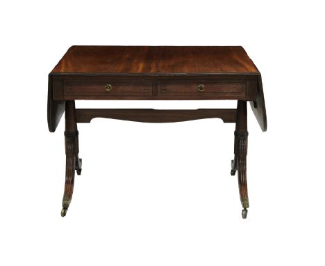 A Regency mahogany sofa table with two drawers with brass handles and ebony stringing, and a shaped stretcher uniting four re