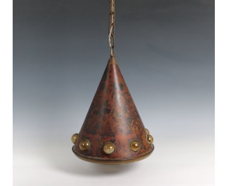 An unusual mid 20th century Arts &amp; Crafts style yellow blown glass ceiling light copper covered of conical form and blown