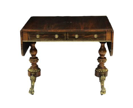 A fine early 19th century rosewood veneer and brass marquetry sofa table in the manner of George Bullock, with rounded rectan