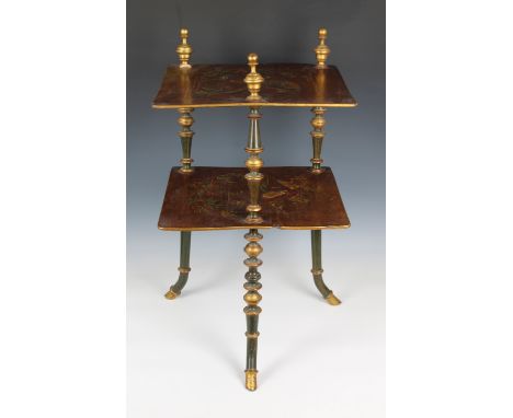 A Japonesque Aesthetic Movement lacquered two tier wooden occasional table late 19th century, the rectangular top with painte