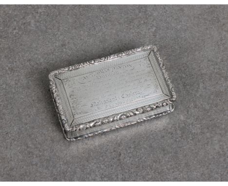 A William IV silver rectangular presentation snuff box Nathaniel Mills, Birmingham, 1831, the hinged cover and base with narr